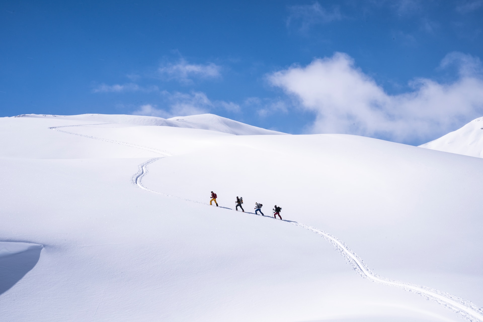 4 personnes faisant du ski de randonnée au milieu d'un sommet enneigé